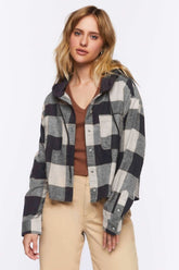 Forever 21 Women's Hooded Flannel Combo Shirt Vanilla/Black