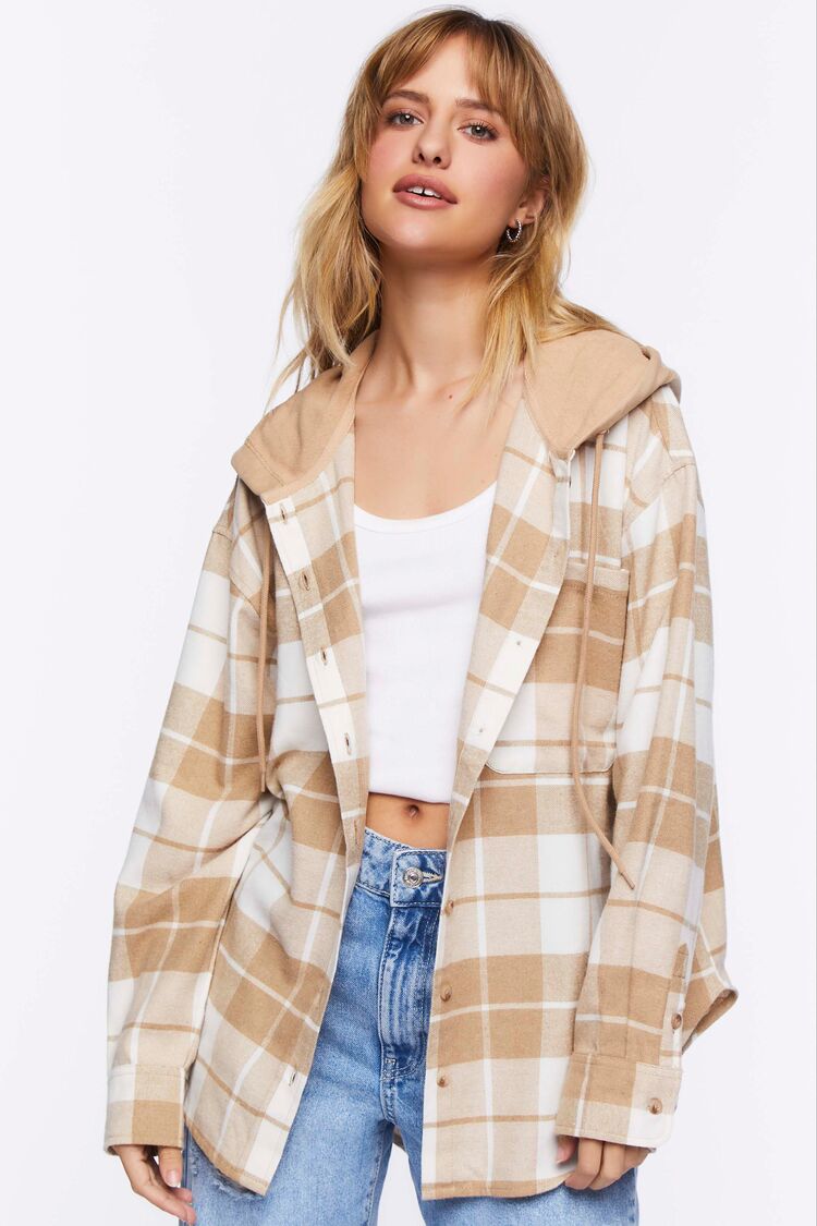 Forever 21 Women's Hooded Flannel Combo Shirt Vanilla/Khaki