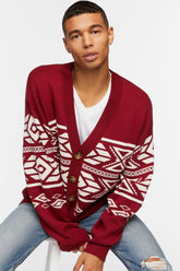 Forever 21 Knit Men's Geo Print Cardigan Sweater Burgundy/Cream