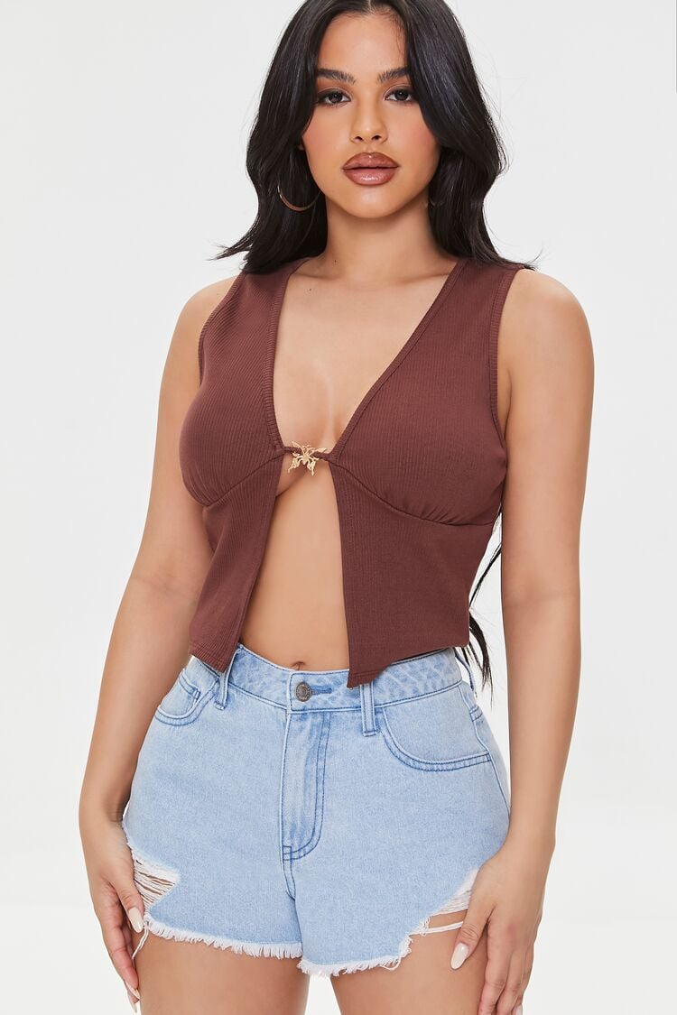 Forever 21 Women's Butterfly Pendant Crop Top Mocha