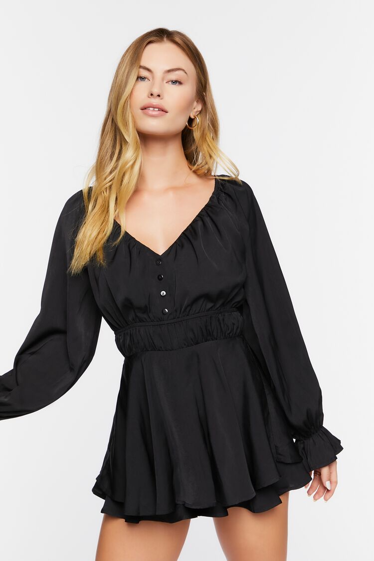 Forever 21 Women's Trumpet-Sleeve Flounce Romper Black