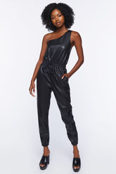 Forever 21 Women's Faux Leather/Pleather One-Shoulder Jumpsuit Black