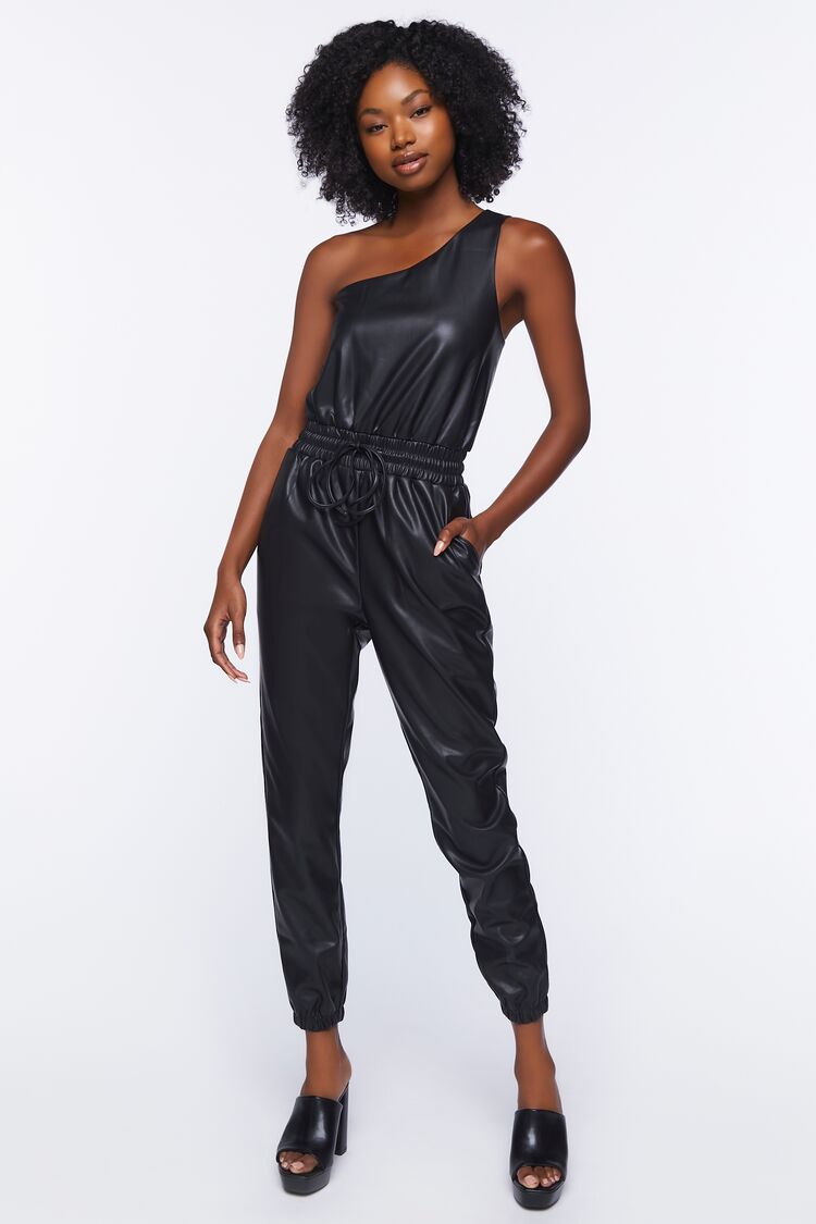 Forever 21 Women's Faux Leather/Pleather One-Shoulder Jumpsuit Black