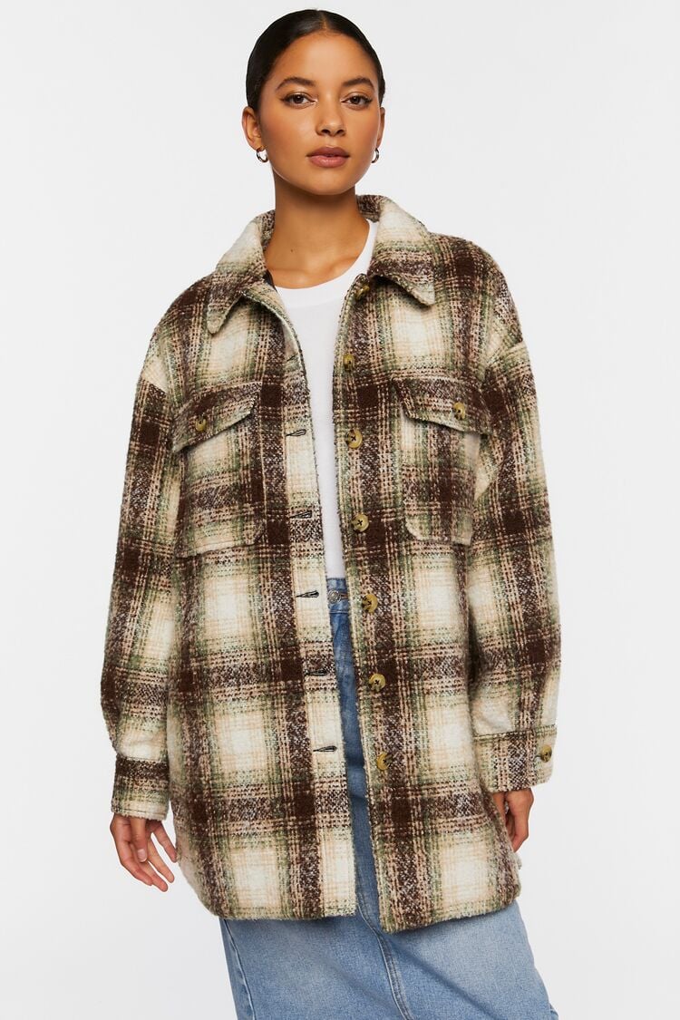 Forever 21 Women's Plaid High-Low Shacket Olive/Multi