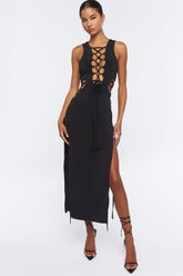 Forever 21 Women's Lace-Up Midi Spring/Summer Dress Black