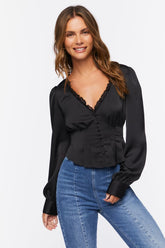 Forever 21 Women's Shirred Lace-Trim Top Black