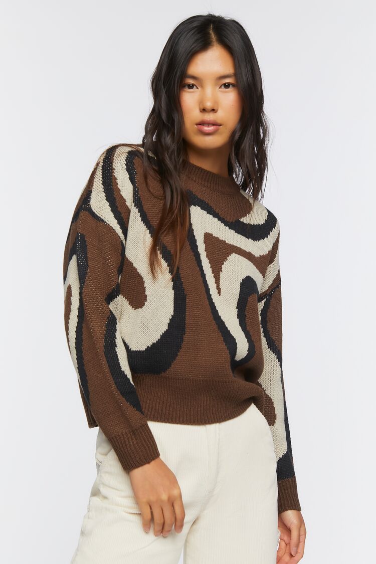 Forever 21 Knit Women's Abstract Marble Print Sweater Brown/Multi