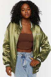 Forever 21 Women's Satin Embroidered Bomber Jacket Olive/White