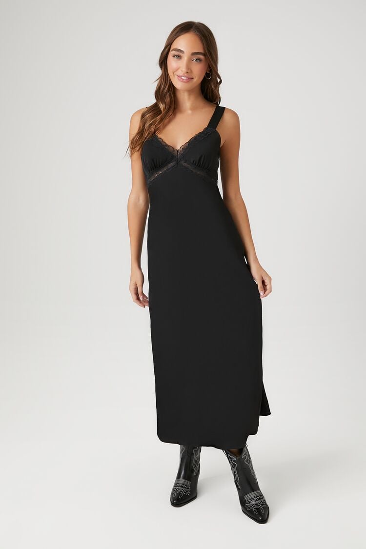 Forever 21 Women's Satin Lace-Trim Midi Slip Dress Black