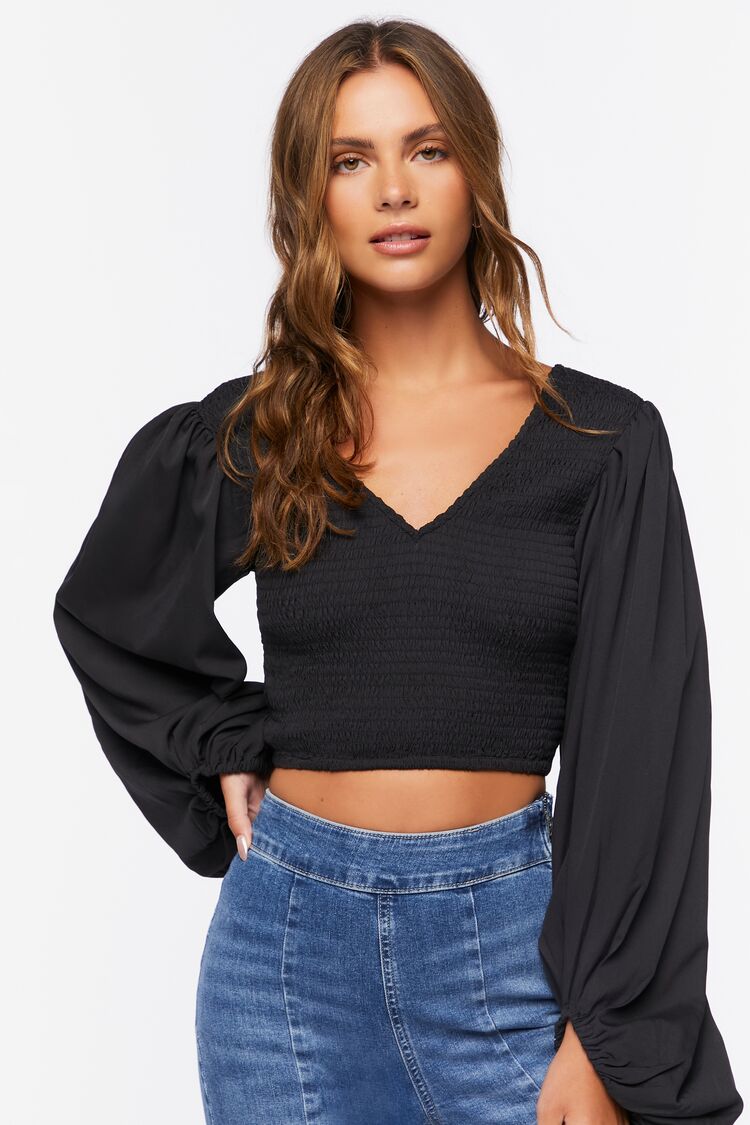 Forever 21 Women's Smocked Balloon-Sleeve Crop Top Black