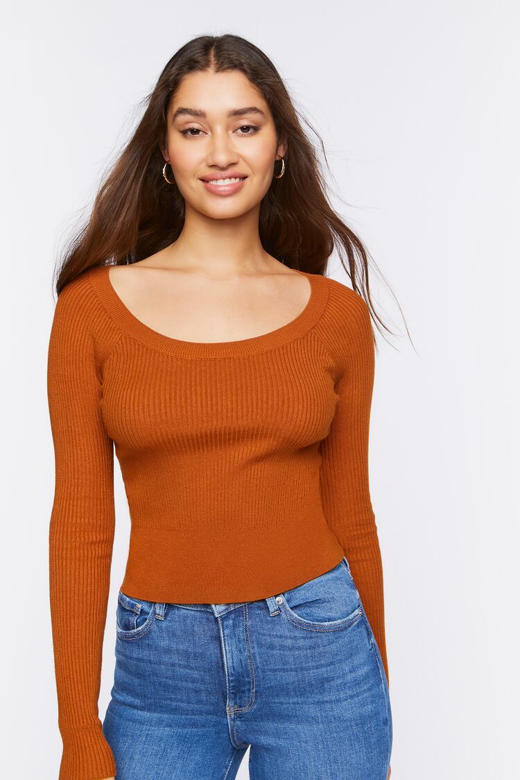 Forever 21 Knit Women's Ribbed Scoop-Neck Sweater Chocolate