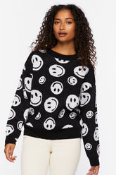 Forever 21 Knit Women's Happy Face Crew Sweater Black/White