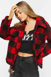 Forever 21 Women's Buffalo Plaid Faux Shearling/Sherpa Coat Red/Black