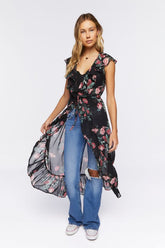 Forever 21 Women's Sheer Floral High-Low Ruffle Tunic Black/Multi