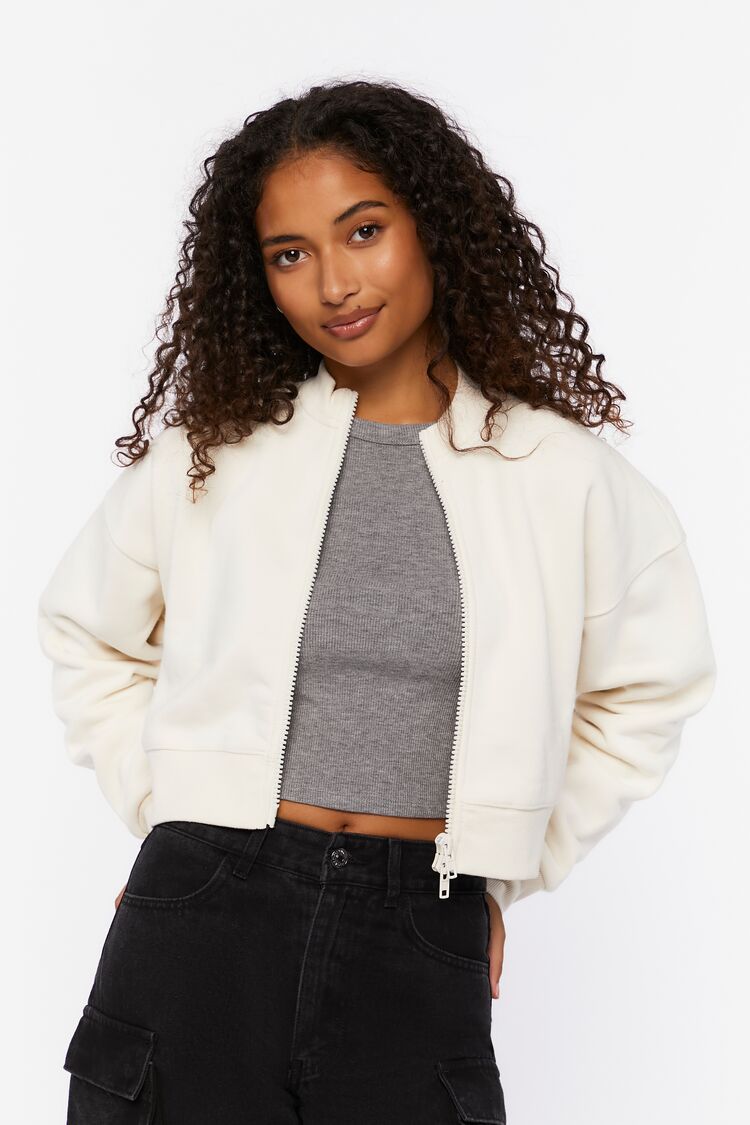 Forever 21 Women's Funnel Neck Zip-Up Jacket Cream