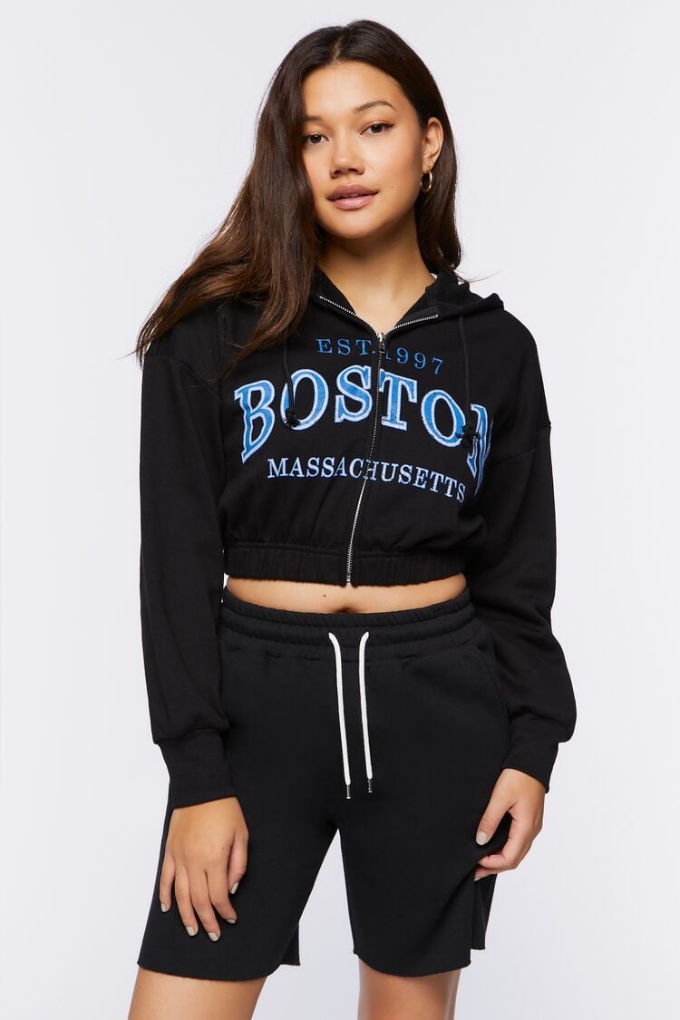 Forever 21 Women's Boston Cropped Zip-Up Hoodie Sweatshirt Black/Multi