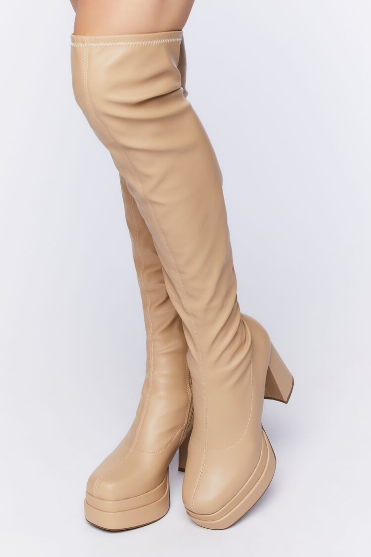 Forever 21 Women's Faux Leather/Pleather Over-The-Knee Platform Boots Nude