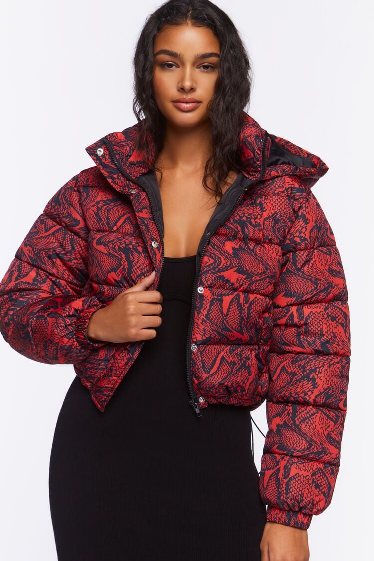 Forever 21 Women's Snake Print Hooded Puffer Bubble Coat Jacket Red/Black