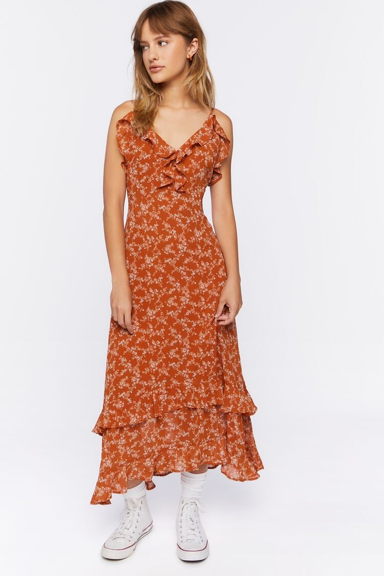 Forever 21 Women's Ruffled Ditsy Floral Maxi Long Spring/Summer Dress Rust/Multi