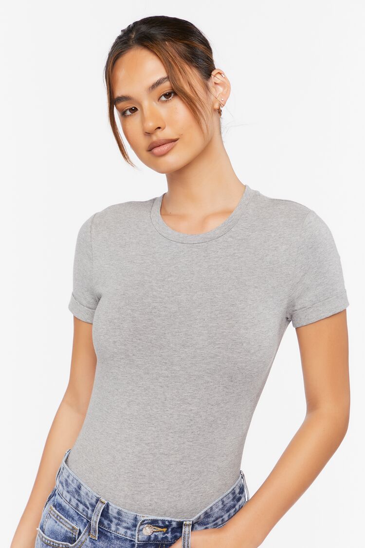 Forever 21 Women's Cotton-Blend T-Shirt Bodysuit Heather Grey