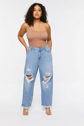 Forever 21 Plus Women's Baggy Distressed Jeans Light Denim