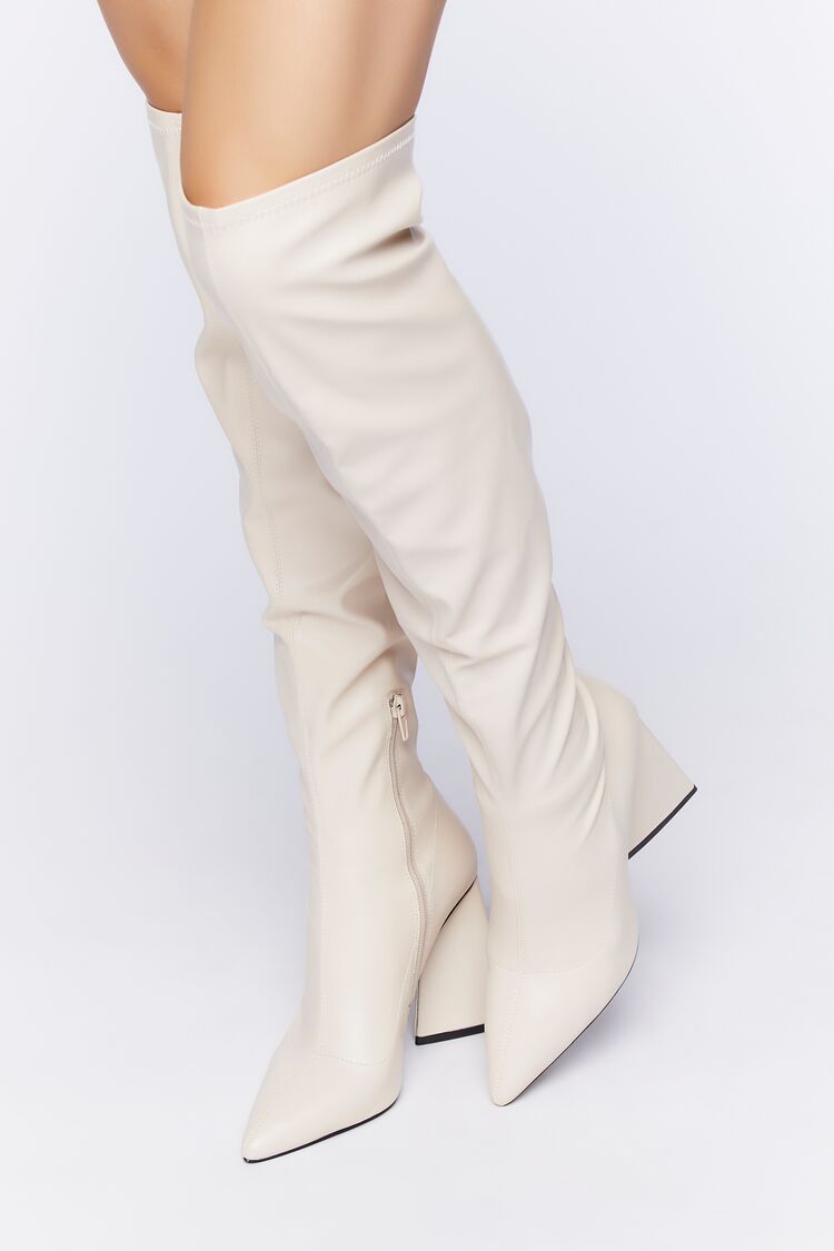 Forever 21 Women's Faux Leather/Pleather Over-the-Knee Boots Cream