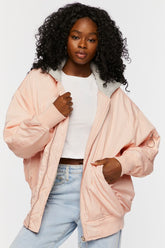 Forever 21 Women's Hooded Combo Bomber Jacket Blush/Heather Grey