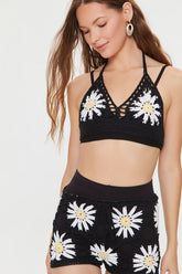 Forever 21 Women's Floral Crochet Halter Cami & Shorts Set Black/White