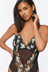 Forever 21 Women's Mesh Butterfly Lingerie Bodysuit Black/Herbal Green