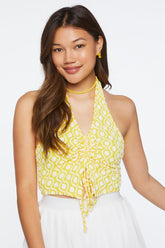 Forever 21 Women's Geo Print Ruched Halter Crop Top Yellow/Multi