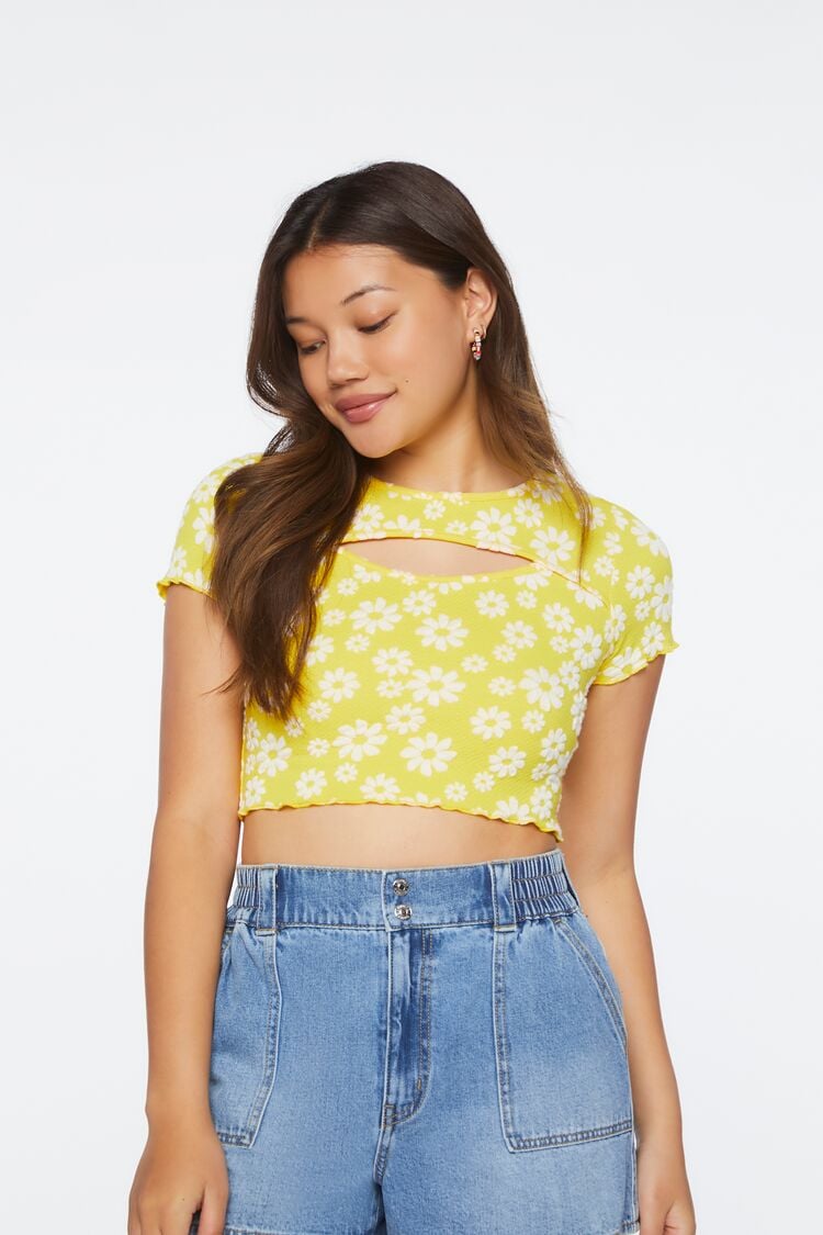 Forever 21 Women's Floral Print Cutout Cropped T-Shirt Yellow/Cream