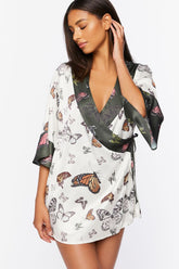 Forever 21 Women's Satin Butterfly Print Robe White/Multi