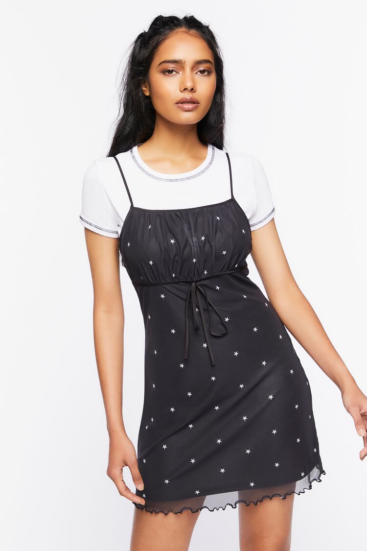 Forever 21 Women's Star Print Mesh Mini Spring/Summer Dress Black/White