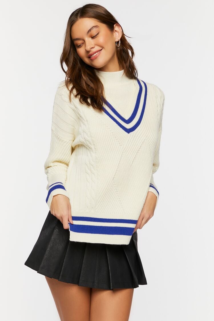 Forever 21 Knit Women's Mock Neck Varsity Sweater Cream/Blue