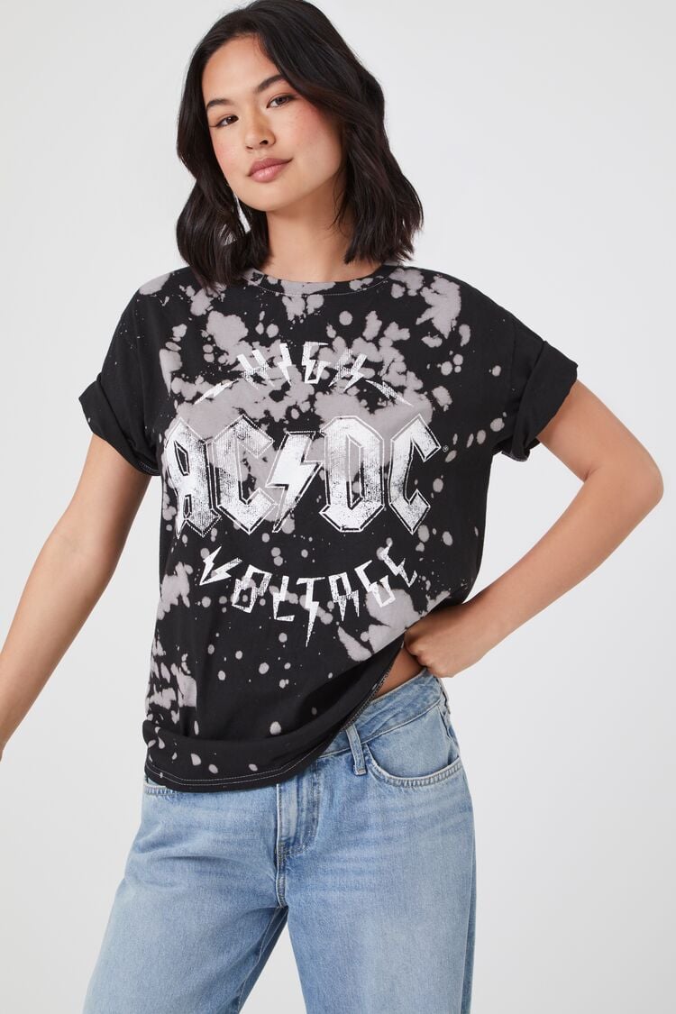 Forever 21 Women's AC/DC Graphic Bleach Wash T-Shirt Black/Multi