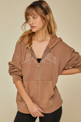 Forever 21 Women's Los Angeles Graphic Zip-Up Hoodie Sweatshirt Brown/Cream