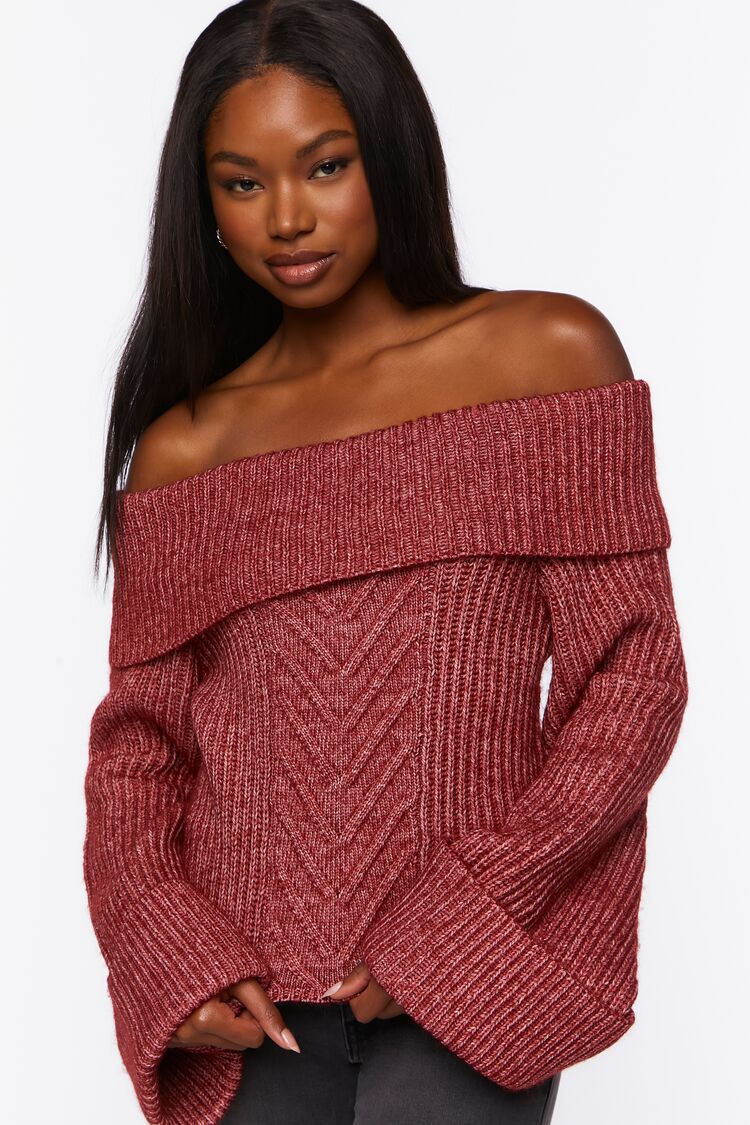 Forever 21 Knit Women's Off-the-Shoulder Foldover Sweater Wine