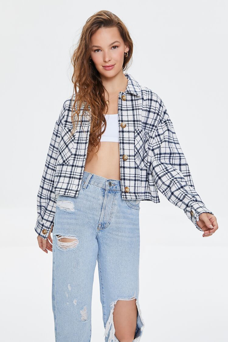 Forever 21 Women's Plaid Button-Front Shacket Black/White