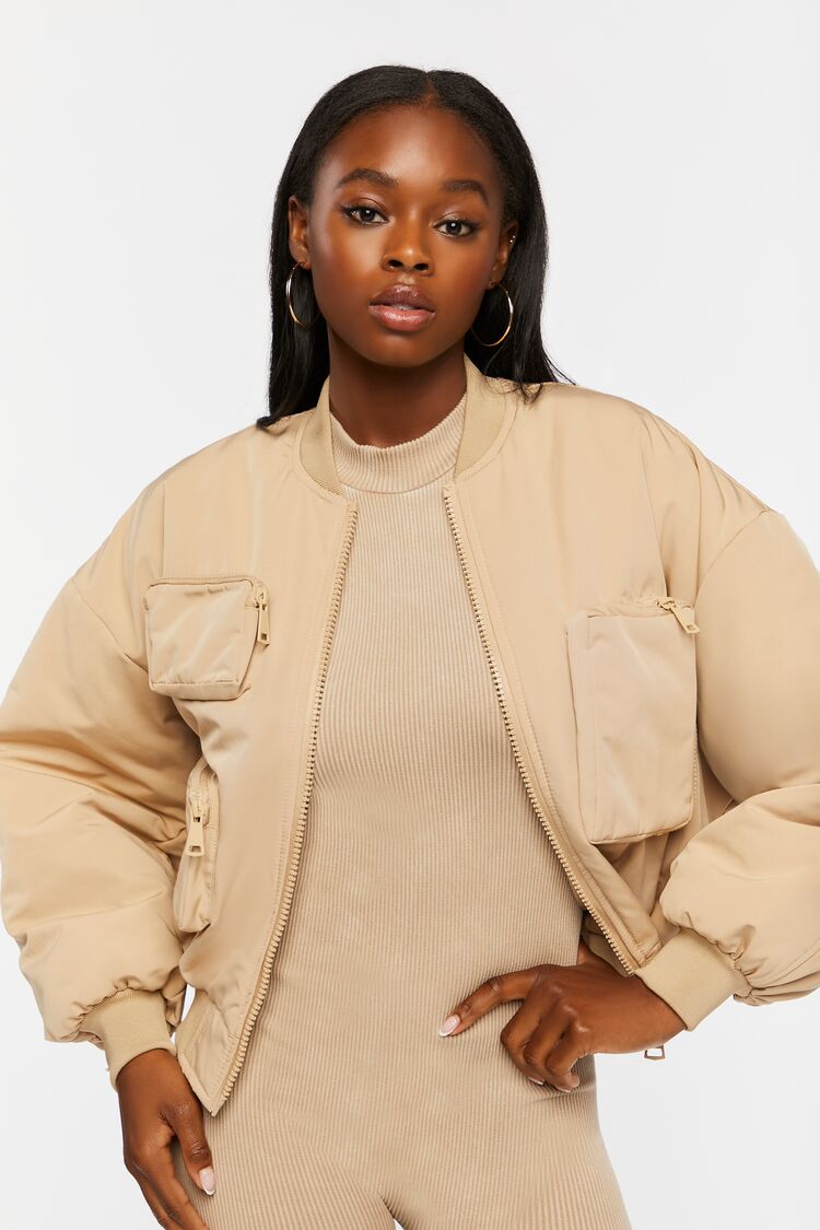 Forever 21 Women's Zip-Up Utility Bomber Jacket Khaki