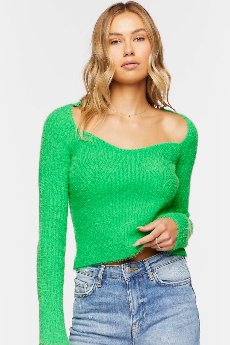 Forever 21 Women's Fuzzy Knit Sweetheart Sweater Green