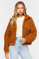 Forever 21 Women's Faux Shearling/Sherpa Zip-Up Bomber Jacket Mocha