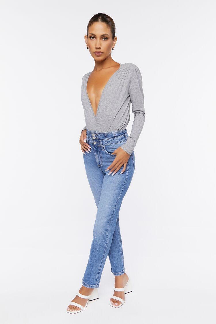 Forever 21 Women's Double-Waisted Long Jeans Light Denim