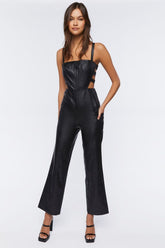 Forever 21 Women's Faux Leather/Pleather Cutout Jumpsuit Black