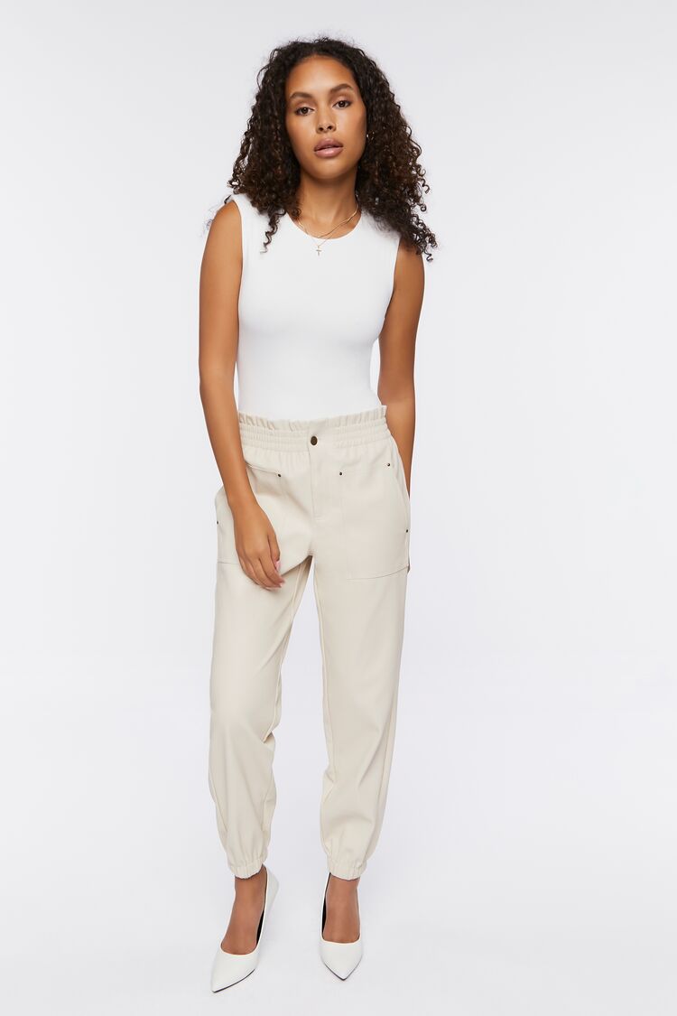 Forever 21 Women's Faux Leather/Pleather Mid-Rise Joggers Natural
