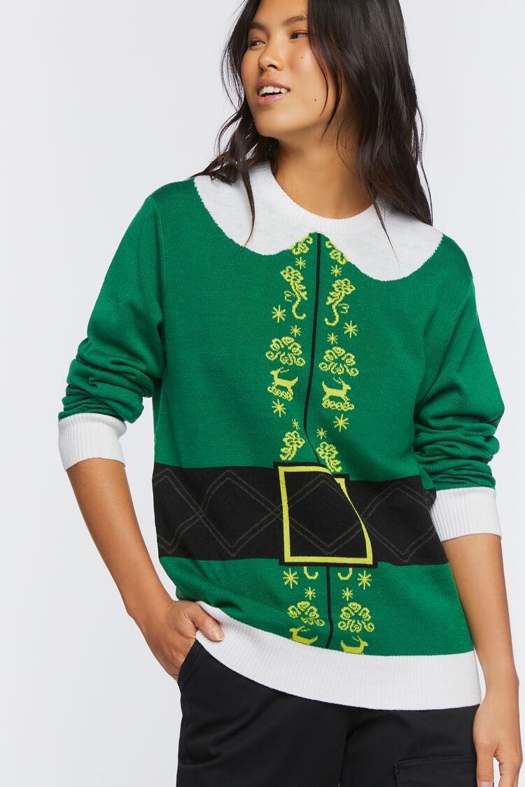 Forever 21 Knit Women's Elf Print Sweater Green/Multi