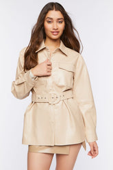 Forever 21 Women's Faux Leather/Pleather Belted Trench Jacket Beige