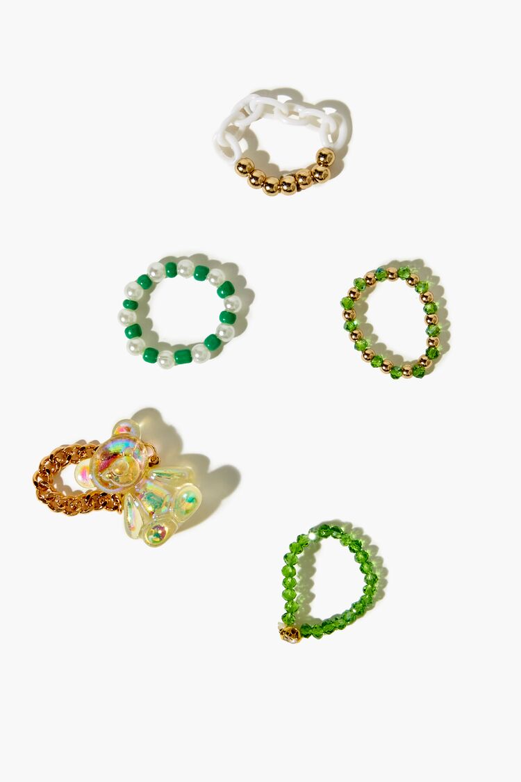 Forever 21 Women's Teddy Bear Beaded Ring Set Green
