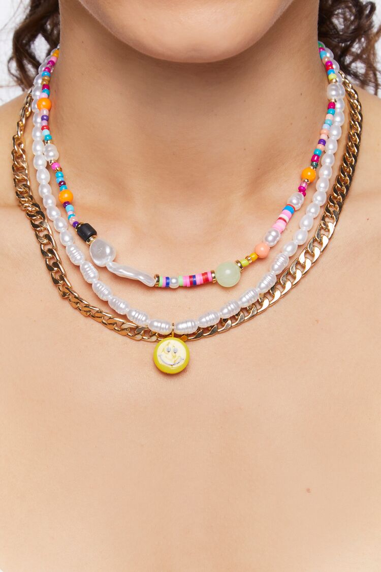 Forever 21 Women's Layered Happy Face Bead Necklace Gold/Multi