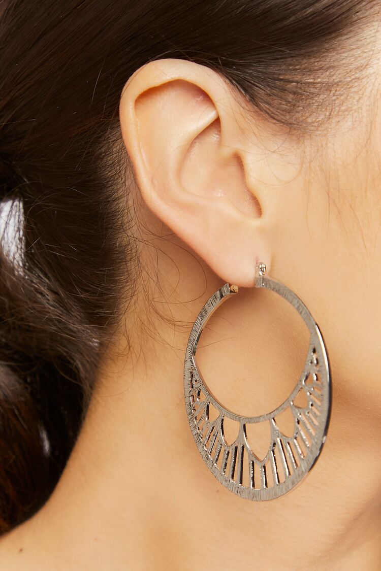 Forever 21 Women's Cutout Geo Hoop Earrings Silver