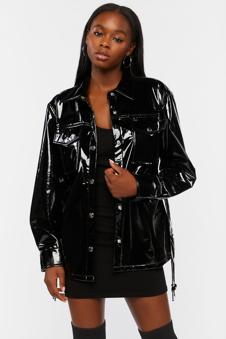 Forever 21 Women's Faux Patent Leather/Pleather Belted Jacket Black